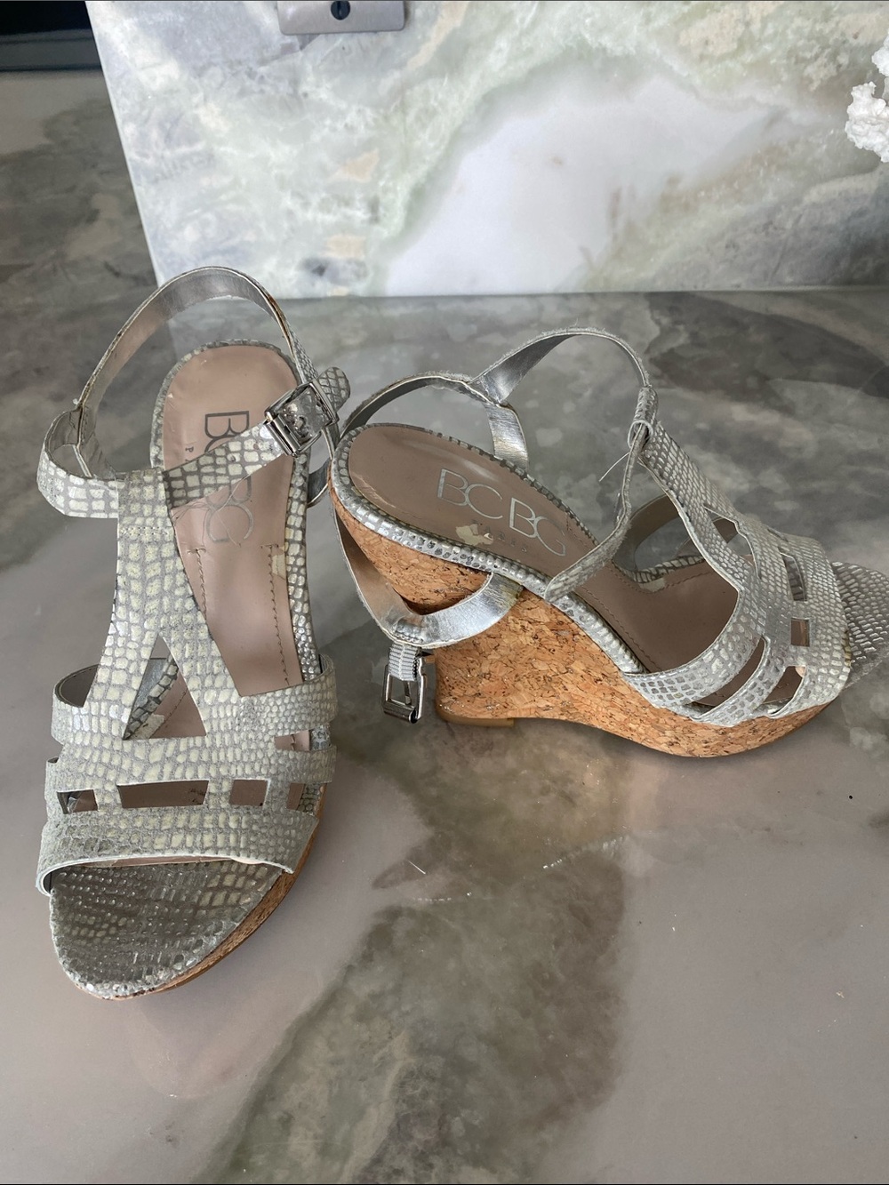BCBG Silver Textured Cork Wedge Sandals